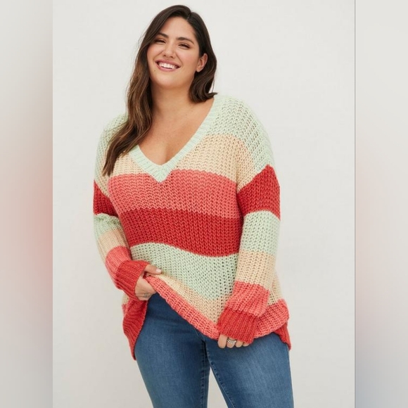 Torrid Colorful Multi Stripe Cozy Knit V Neck Sweater Women's Plus Size 0X - Picture 1 of 12